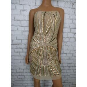 $1400 Jean Louis Scherrer Sequin Beaded Beize Mini Sheath Dress Small NEW